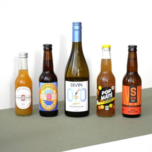 Box de Novembre, la box emblématique de Dry Club avec une bouteille de vin 75cl (rouge bio La Madura ou sauvignon blanc Villebois), deux bières sans alcool (Mirage Pale Ale PinkSun et SAM NEIPA Gobretch), et deux softs alternatifs (Mocktail Hippie Rebelle Spetch et Pop Maté pétillant).